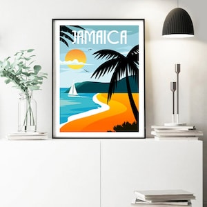 Puede incluir: Un p&oacute;ster de estilo retro con la palabra "Jamaica" en negrita. El p&oacute;ster presenta una palmera, un velero, una playa y un sol amarillo brillante contra un cielo azul.