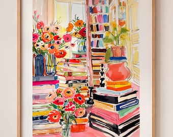 Books & Flowers Art Print | Colourful Bookshelf Wall Decor | Book Lover Gift | Reading Nook Art