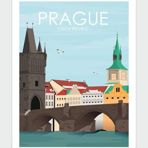 May include: A colorful illustration of Prague, Czech Republic, featuring a bridge with a tower on each side. The bridge is made of stone and has two arches. The towers are tall and have pointed roofs. The sky is blue and there are birds flying in the air. The text "PRAGUE" and "CZECH REPUBLIC" is written in white letters on a blue background.