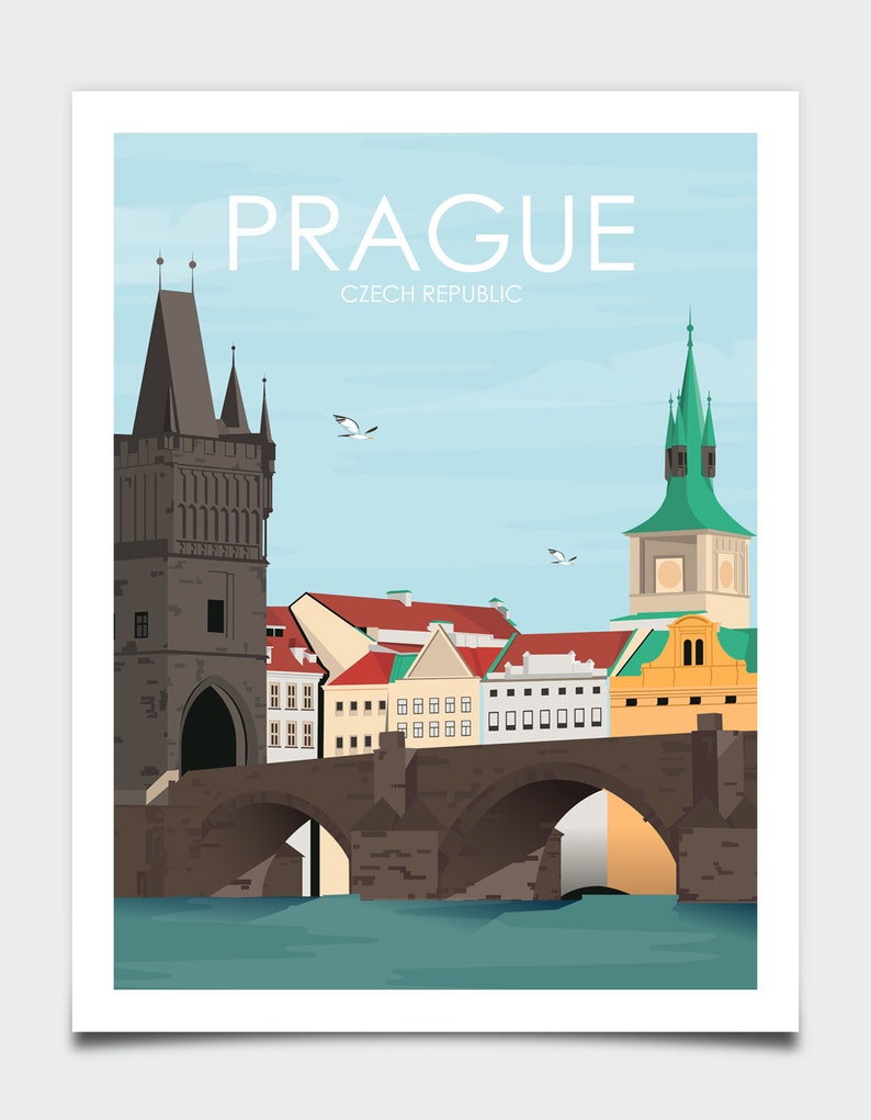May include: A colorful illustration of Prague, Czech Republic, featuring a bridge with a tower on each side. The bridge is made of stone and has two arches. The towers are tall and have pointed roofs. The sky is blue and there are birds flying in the air. The text "PRAGUE" and "CZECH REPUBLIC" is written in white letters on a blue background.