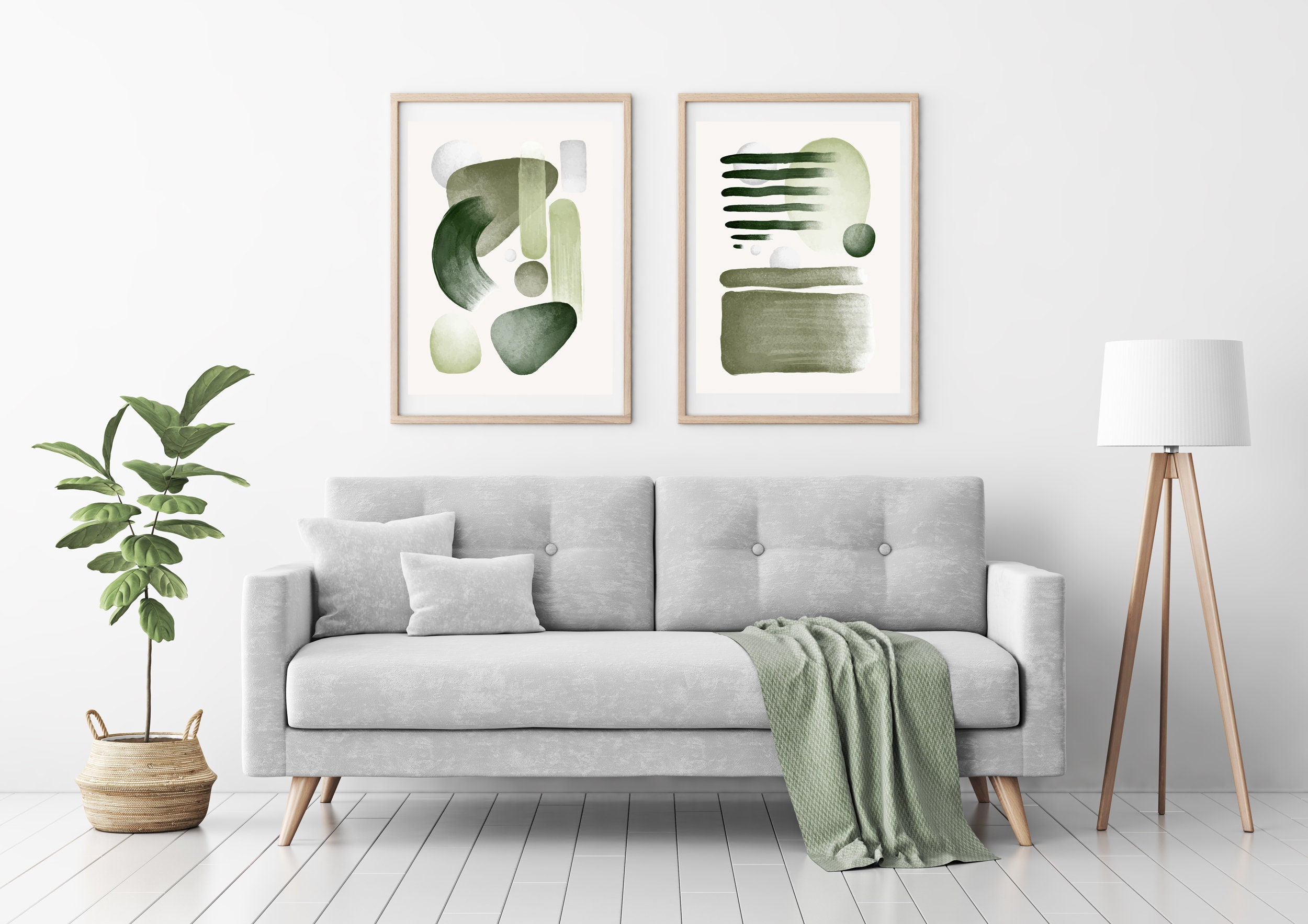 Set of 2 Art Prints Green Wall Art Abstract Wall Art Living Etsy UK