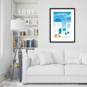 May include: A colorful illustration of a white building with a blue dome, a yellow scooter, and the text "SANTORINI GREEK ISLANDS" in a black frame.
