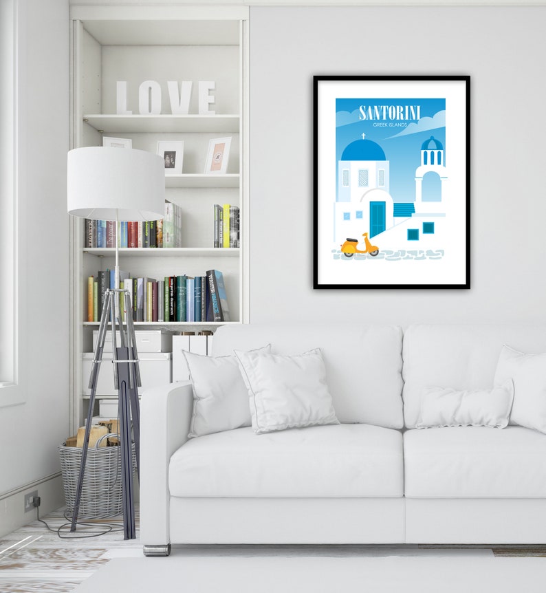 May include: A colorful illustration of a white building with a blue dome, a yellow scooter, and the text "SANTORINI GREEK ISLANDS" in a black frame.