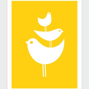 May include: Three white stylized birds perched on top of each other against a bright yellow background.