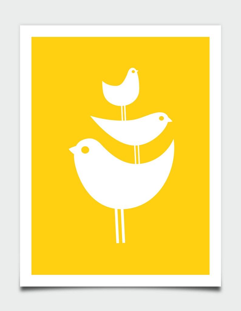 May include: Three white stylized birds perched on top of each other against a bright yellow background.