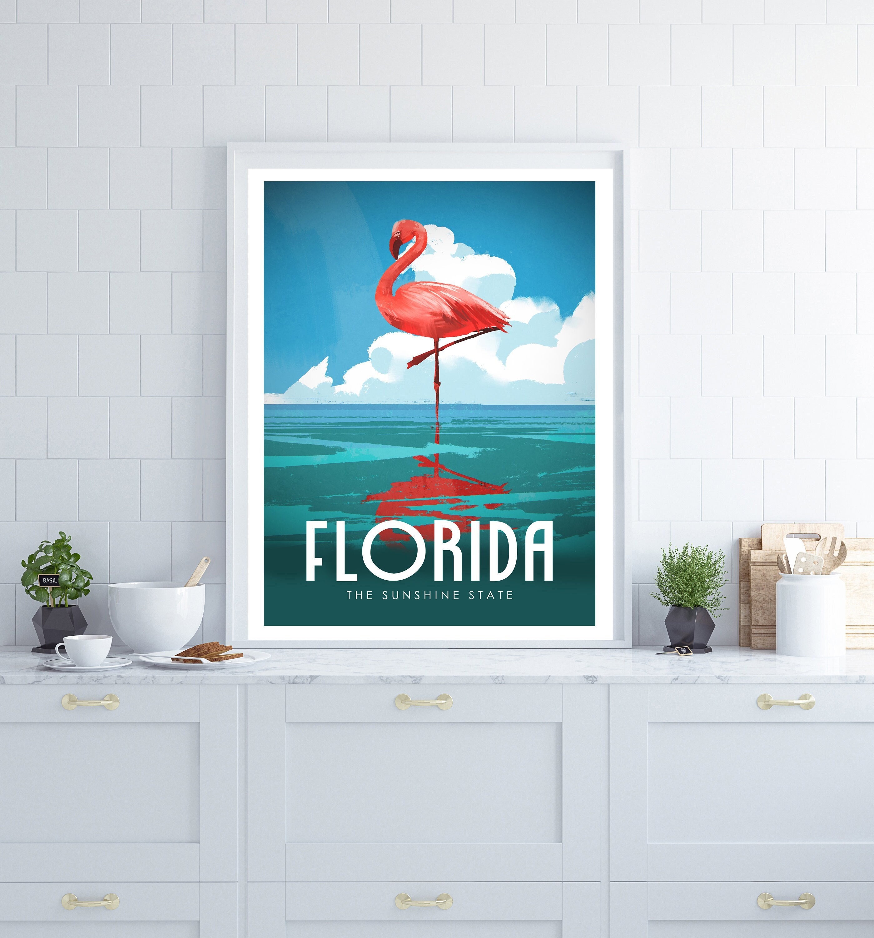 Florida Poster, Florida Wall Art, Retro Travel Poster, Travel Wall Art, Coastal Decor, Flamingo Poster, New Home Gift, Housewarming Gift