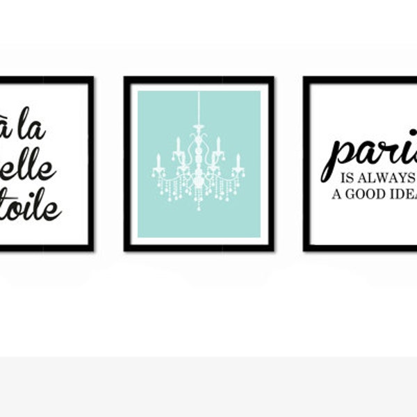 Audrey Hepburn Quote, Blue Wall Art, Black and White, A La Belle Etoile, Paris is Always a Good Idea, Set of 3 Prints, French Quote