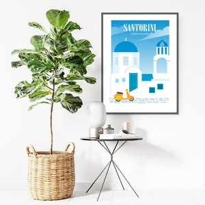 May include: A white and blue illustration of a building with a blue dome and a yellow scooter in front of it. The text "SANTORINI GREEK ISLANDS" is at the top of the image.