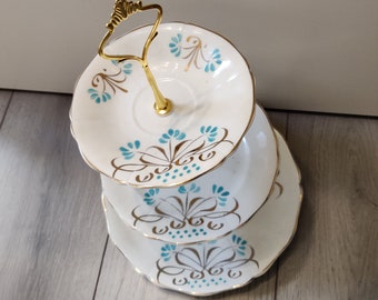 Vintage Cake Stand, Blue Matching Plates, Three Tier Cake Stand