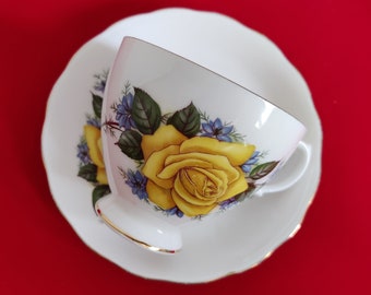 Crown Royal Teacup and Saucer with yellow  rose pattern. Vintage 1970s cup and saucer. Home decor.