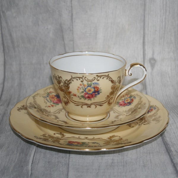 Vintage Yellow Aynsley Floral Trio - Teacup, Saucer and Tea Plate. Barretts of Staffordshire. Made in England. Bone China