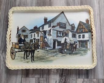 Large Vintage Serving Tray, horse and carriage, pub, tavern