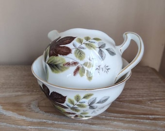 Queen Anne sugar bowl and milk jug with leaf design. Made in England. Bone China