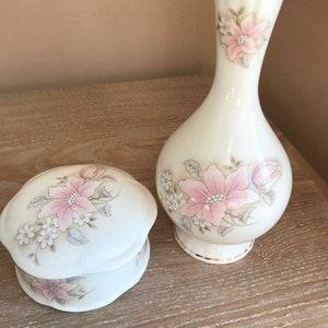 Pair of P MacDonald Vanity items, Trinket pot and bud vase. Made in England. Bone China