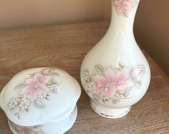 Pair of P MacDonald Vanity items, Trinket pot and bud vase. Made in England. Bone China