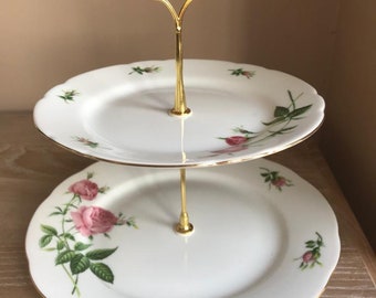 Vintage Cake Stand, Pink Rose Matching Plates, Two Tier Cake Stand