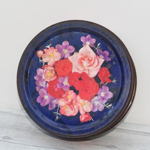 Vintage Round Floral Tin, Beautiful Blue Tin with Flowers