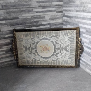 Bandeja de cristal de encaje vintage, Bandeja de tocador, Petit Point, bordados