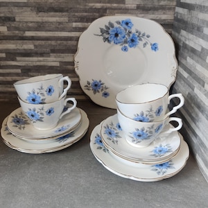 Blue Floral Tea Set - Set of 4 Teacup, Saucer and tea plates. Cake plate.