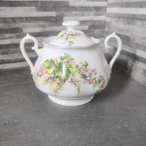 May include: A white porcelain sugar bowl with a lid, adorned with a floral pattern in pink, yellow, and green. The bowl has two handles and a pedestal base. The lid features a small knob and matching floral design.
