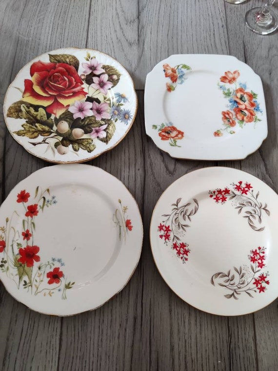 Set of Mismatched Red Flower Tea Plates