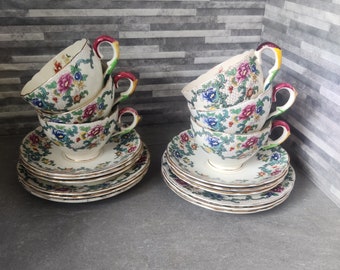 Set of 6 Royal Cauldon Victoria Teacup, Saucer and Tea Plate. Vintage trio. Flower Pattern.