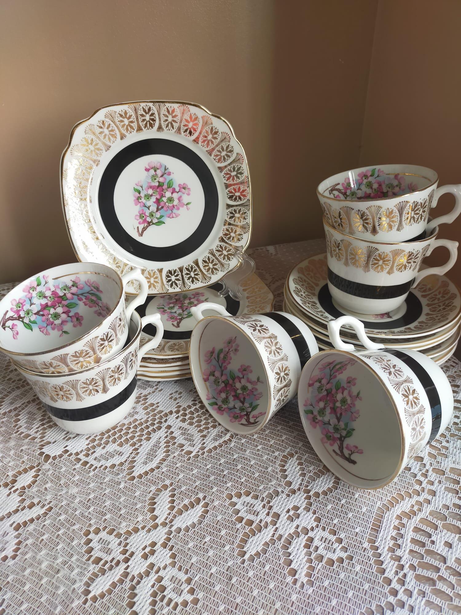 Stunning Black and Gold Floral Trios - Tea Plates, Teacups and Saucers - Set of 6