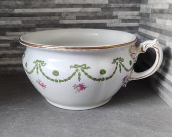 Vintage Chamber Pot - Pink and Green floral pattern on white ceramic pot / Planter / Plant Pot