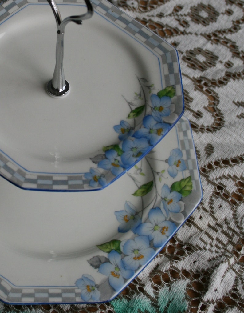 Vintage Cake Stand Blue Matching Plates Two Tier Cake Stand