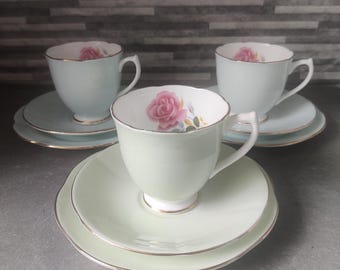 Three Vintage Clare China Trio: Pink Rose Teacup, Saucer, Plate