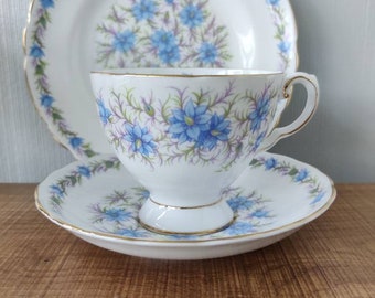 Tuscan China Love in the Mist Blue Flower Trio - Teacup, Saucer and side plate