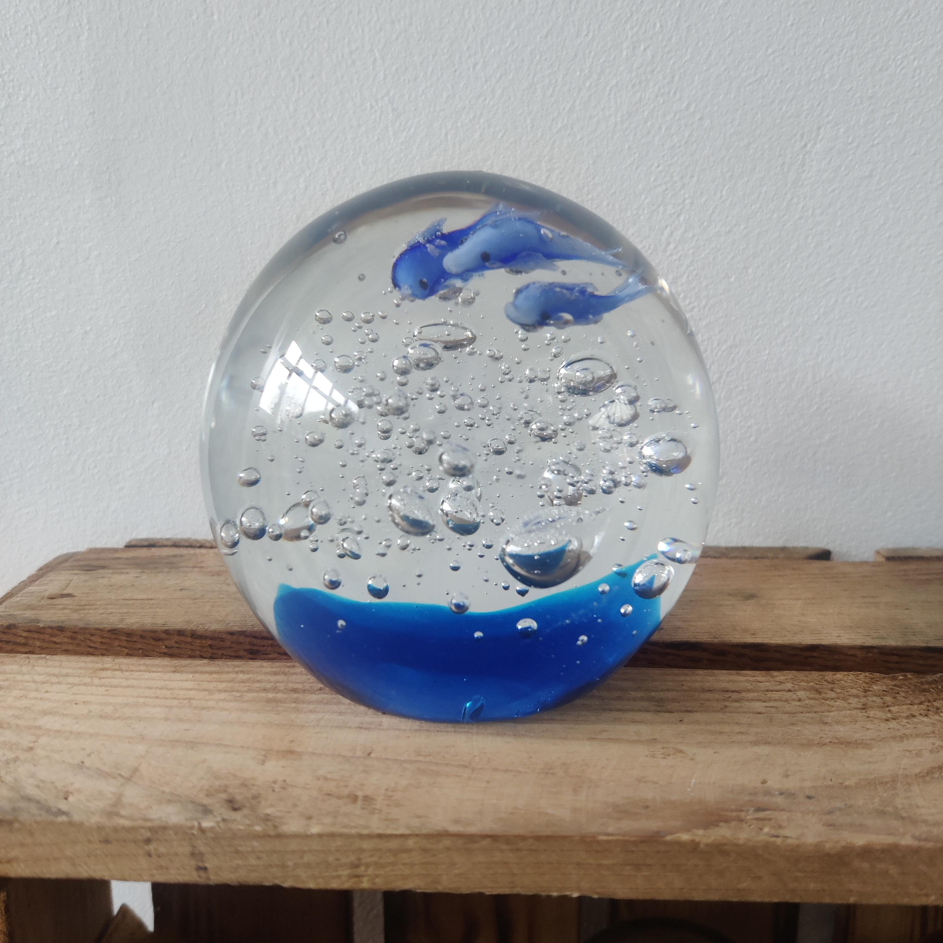 Blue Dolphins Swimming in the Ocean Large Art Glass Paperweight; Vintage Paperweight, Glass Paperweight, Hand Blown Glass, Art Glass