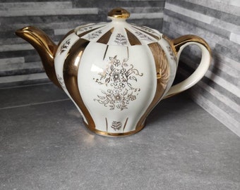 Sudlow's Burslem "Rita" Teapot 1950's Mid Century Gold & Ivory Fluted English Teapot