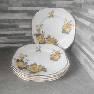Set of Five Diamond China Yellow Rose Tea Plates