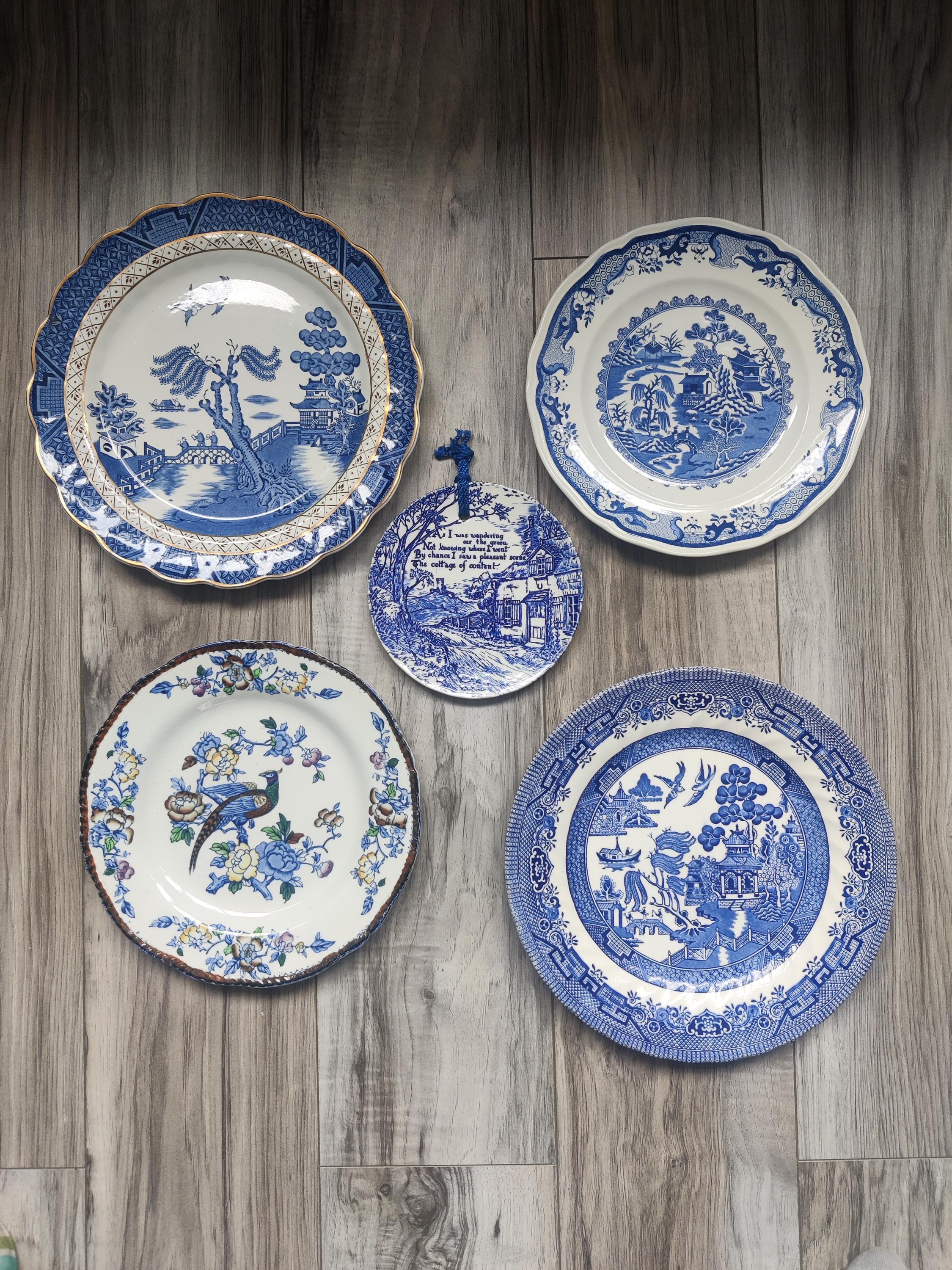 5 X Blue and White Decorative Plate Set, Wall Art Decor, Classic