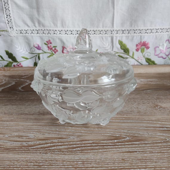 Vintage Walther Glas Frosted Roses Candy Dish With Lid, Made in