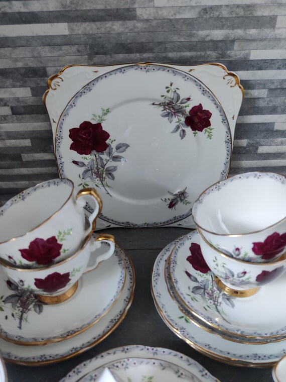 Royal Stafford Roses to Remember Tea Set: Vintage Red Rose Teacups