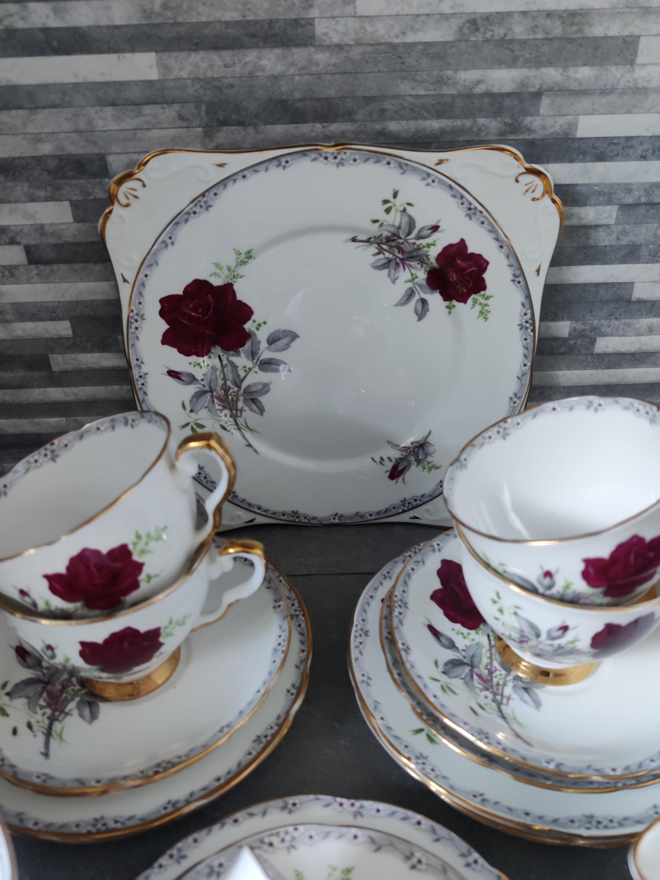 Royal Stafford Roses to Remember Tea Set: Vintage Red Rose Teacups