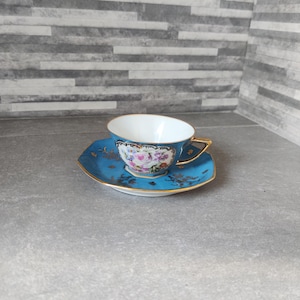 Limoges Blue Floral Demitasse Cup and Saucer. Vintage cup and saucer. Home decor. Hostess gift.