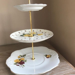 Vintage Cake Stand, Yellow Flower Mismatched Plates, Three Tier Cake Stand