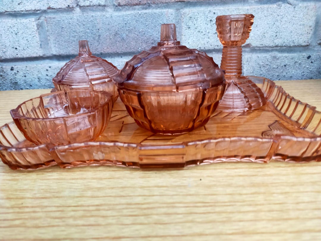 antique pink glass dressing table set Art Deco Pink Glass Dressing Table Set, Tray, Candlesticks, Trinket Dishes,  Pressed Glass, Depression Glass, Vanity Tray