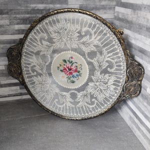 Bandeja de cristal con encaje vintage, bandeja para tocador, Petit Point, bordado
