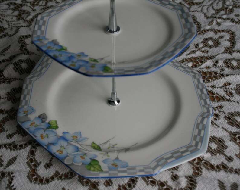 Vintage Cake Stand Blue Matching Plates Two Tier Cake Stand