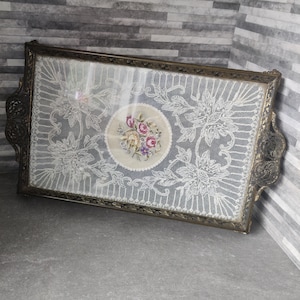 Bandeja de cristal con encaje vintage, bandeja para tocador, Petit Point, bordado