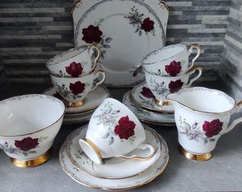 Royal Stafford Roses to Remember Tea Set: Vintage Red Rose Teacups