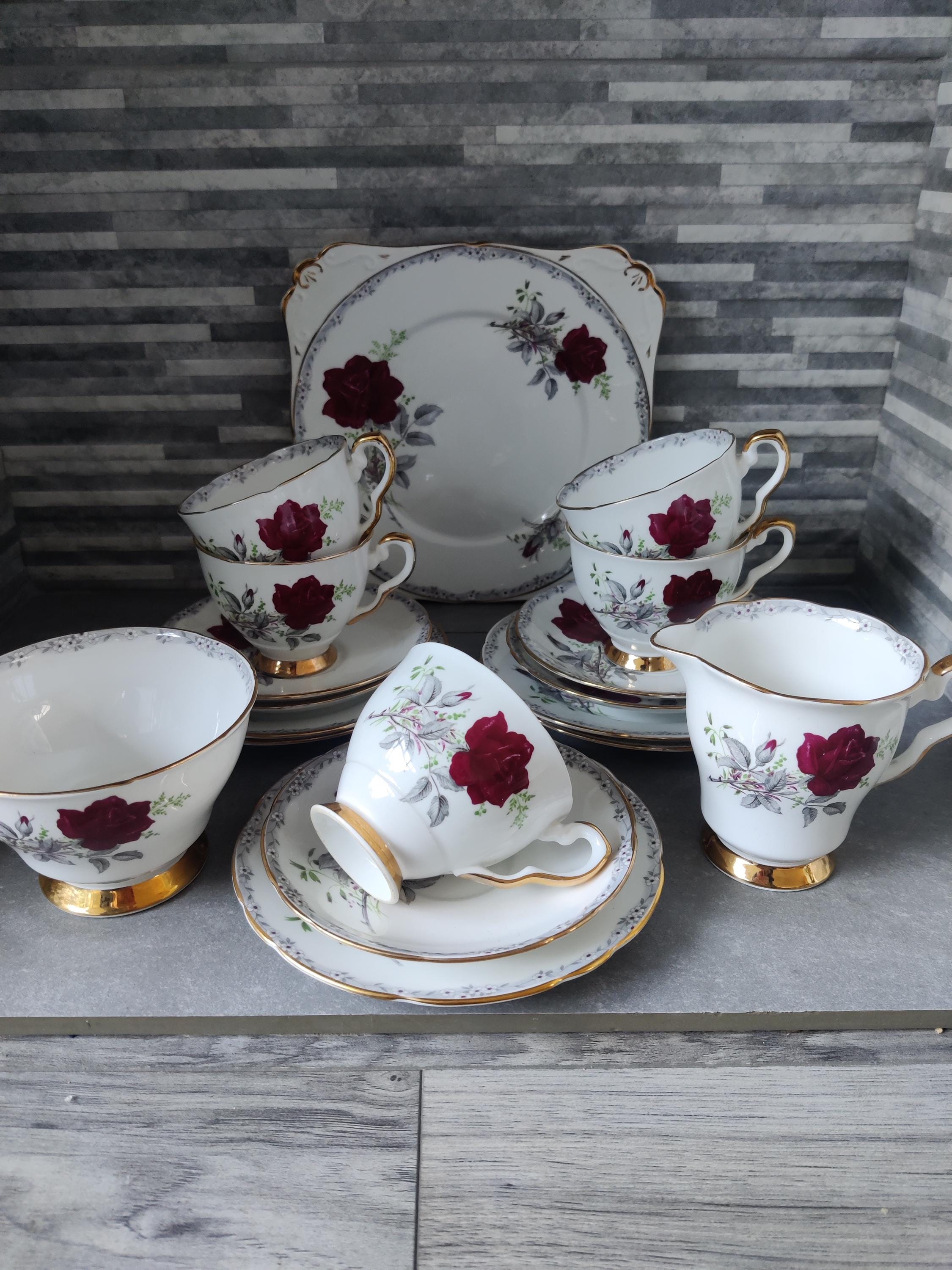 Royal Stafford Roses to Remember Tea Set: Vintage Red Rose Teacups