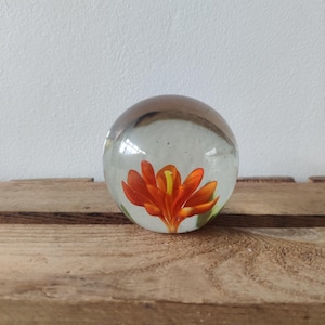 Orange Flower Art Glass Paperweight; Vintage Paperweight, Glass Paperweight, Hand Blown Glass, Art Glass