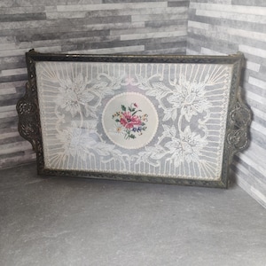 Bandeja de cristal con encaje vintage, bandeja para tocador, Petit Point, bordado