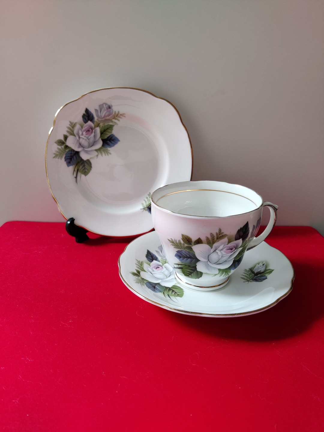 Duchess Bone China Pink Grey Trio Teacup Saucer and Tea Etsy
