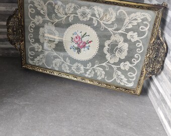 Vintage Lace Glass Tray, Dressing Table Tray, Petit Point, embroidery